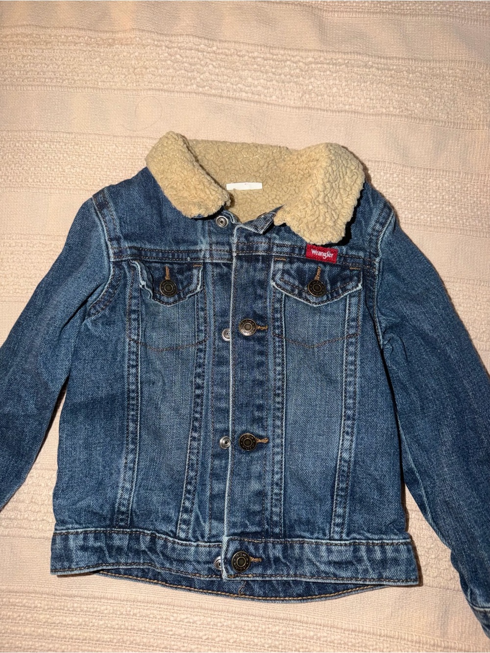 100% Cotton Wrangler Blue Denim Kids Jacket with Cream Sherpa Collar